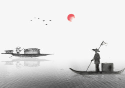 水墨河渔民古风海上夕阳下的渔民高清图片