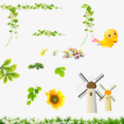 卡通的绿草小鸟向日葵树木花草高清图片