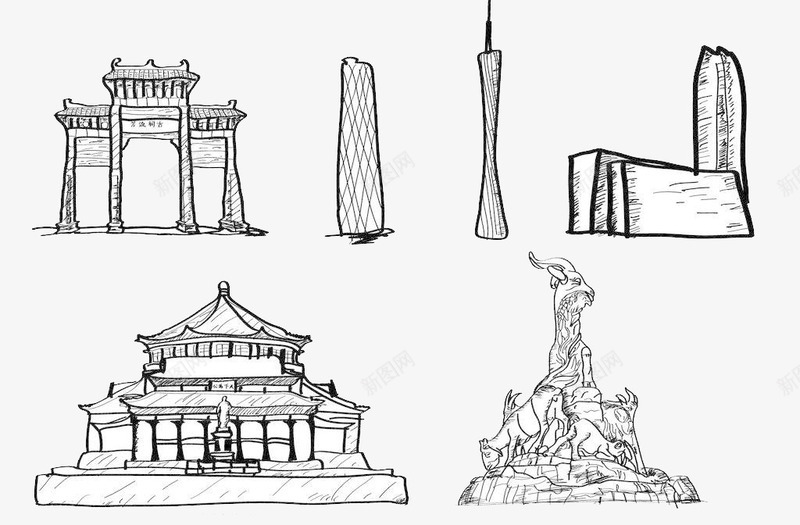 广州著名地标建筑手绘png免抠素材_新图网 https://ixintu.com 中山馆 五羊雕像 广州塔