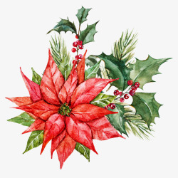手绘绿叶红花素材