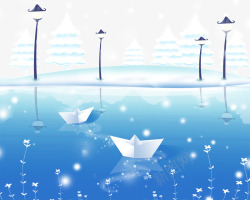 路灯花纹蓝色雪天湖景高清图片