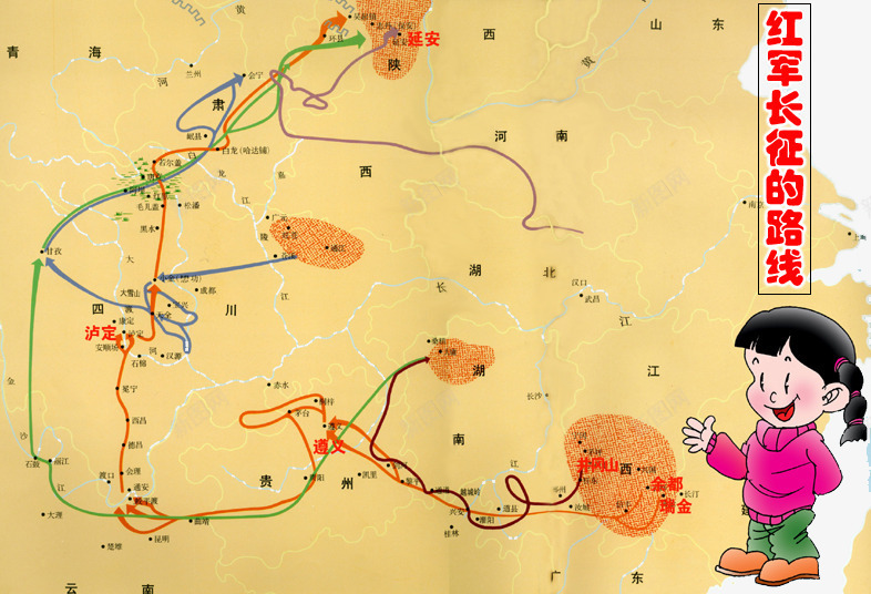 红军长征路线图和卡通女孩png免抠素材_新图网 https://ixintu.com 卡通女孩 红军 长征路线图