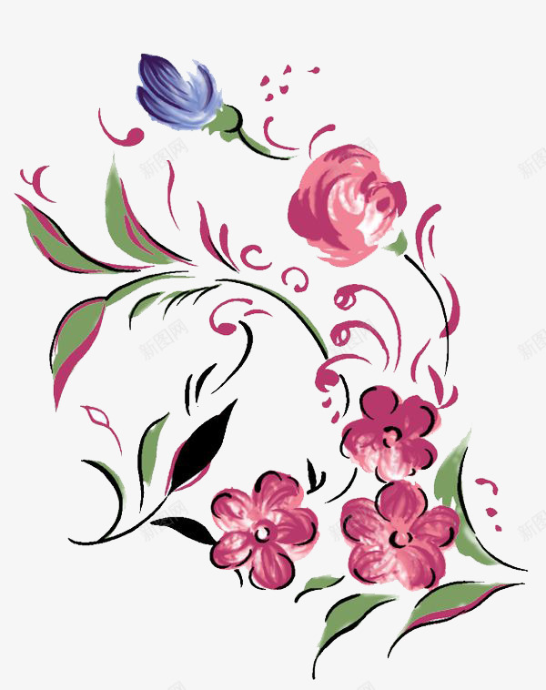 四多紫红花和一朵小蓝花手绘png免抠素材_新图网 https://ixintu.com 淡雅 清新 简约 自然