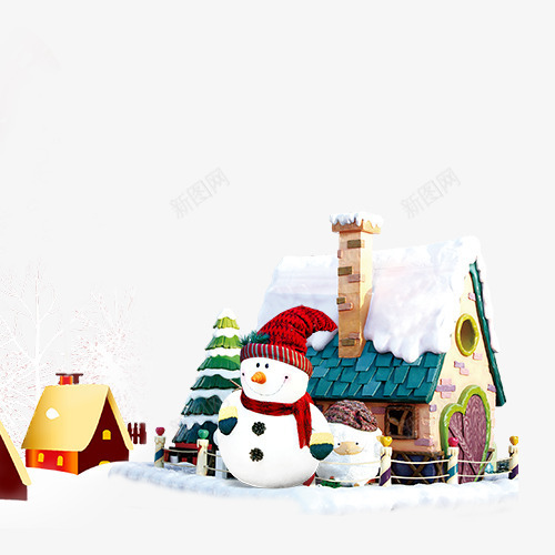 冬天的雪人png免抠素材_新图网 https://ixintu.com 卡通 圣诞节 屋子 白色