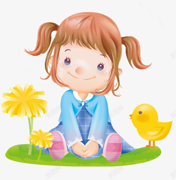 女孩和小鸡png免抠素材_新图网 https://ixintu.com 卡通 可爱 女孩 小鸡 插画 花朵 草地