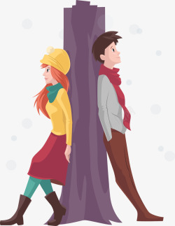 冬天情侣情人节靠着树的情侣高清图片