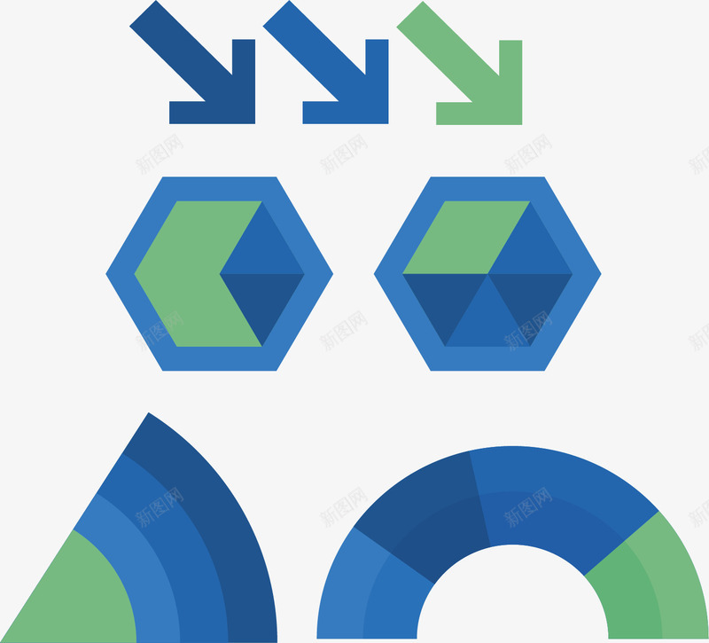 几何多边形数据图表矢量图eps免抠素材_新图网 https://ixintu.com 信息 六边形 半圆形 向下箭头 扇形 数据 矢量素材 蓝色 矢量图