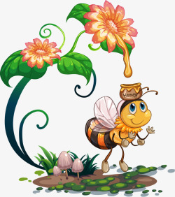 蜜蜂采蜜花朵卡通素材