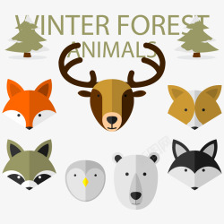 狐狸狼冬天森林动物的集合矢量图高清图片