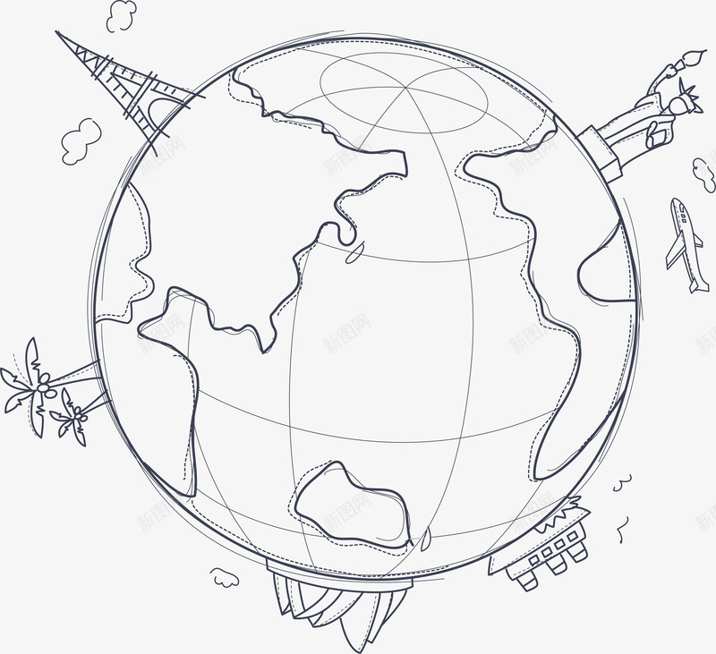 手绘素描合成地球形状建筑png免抠素材_新图网 https://ixintu.com 合成 地球 建筑 形状 素描