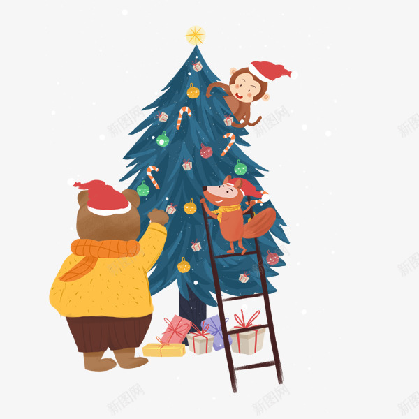 手绘装扮圣诞树的动物们psd免抠素材_新图网 https://ixintu.com 圣诞树 圣诞礼物 圣诞节 手绘装扮圣诞树的动物们