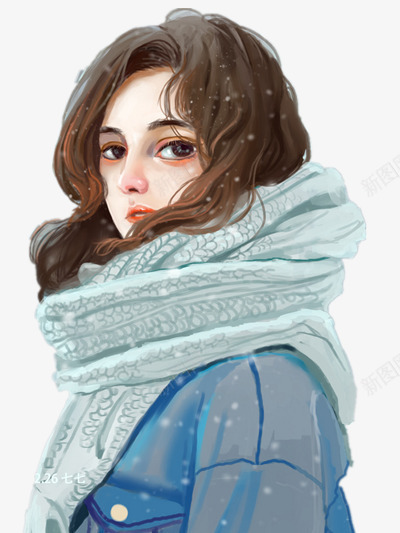 手绘插画png免抠素材_新图网 https://ixintu.com 冬天 气质美女 漂亮女孩 雪景