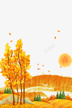秋季秋分黄色水彩夕阳山脉素材