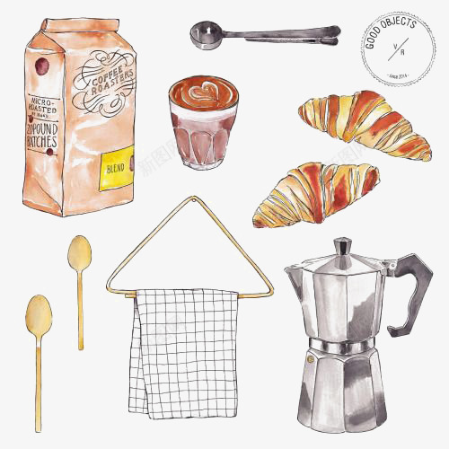 厨具png免抠素材_新图网 https://ixintu.com 创意出具 厨房 咖啡 手绘厨具 早餐 清晨 牛角面包 麦片