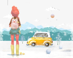 水彩的汽车水彩冬季雪地女孩高清图片