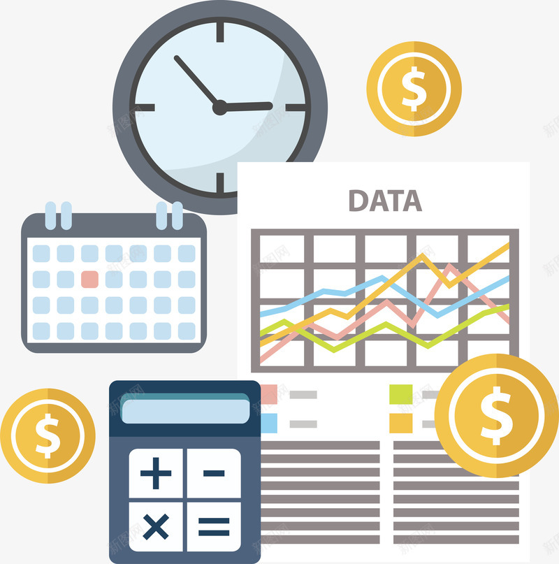 销售业绩数据png免抠素材_新图网 https://ixintu.com 折线图 数据图表 矢量素材 计算器 钟表