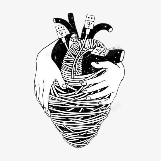创意插画数据线包裹的心脏psd免抠素材_新图网 https://ixintu.com 创意插画 卡通手绘 心脏 数据线 黑白简画