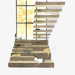 楼梯和猫创意手绘画片素材