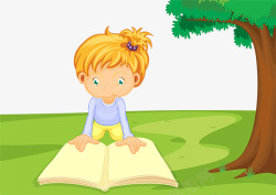 卡通插图趴在草地上看书的小女孩素材