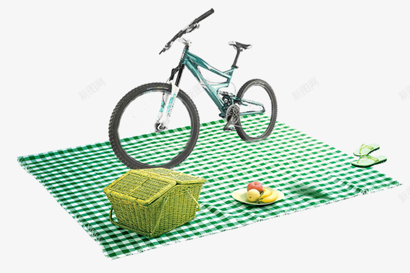春季野餐png免抠素材_新图网 https://ixintu.com 一双拖鞋 一盘水果 山地自行车 蓝色篮子 野餐活动