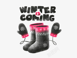 冬季女靴黑色手绘冬季保暖鞋子手套高清图片