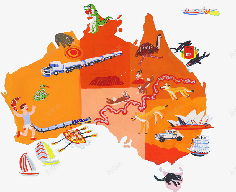 澳大利亚卡通地图png免抠素材_新图网 https://ixintu.com 悉尼 旅游地图 澳大利亚地图 风帆