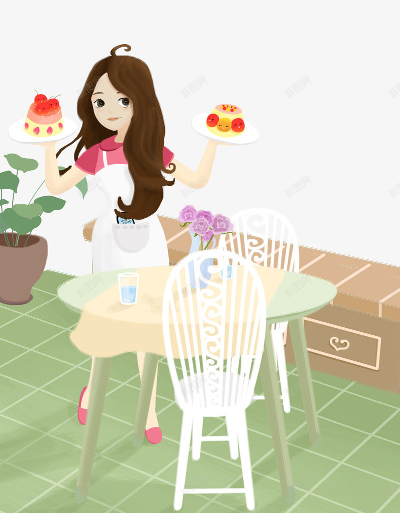 卡通手绘做甜品蛋糕的女孩psd免抠素材_新图网 https://ixintu.com 做甜品蛋糕的女孩 免抠卡通女孩 卡通 手绘 桌椅 盆栽装饰