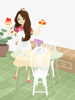 桌椅装饰卡通手绘做甜品蛋糕的女孩高清图片