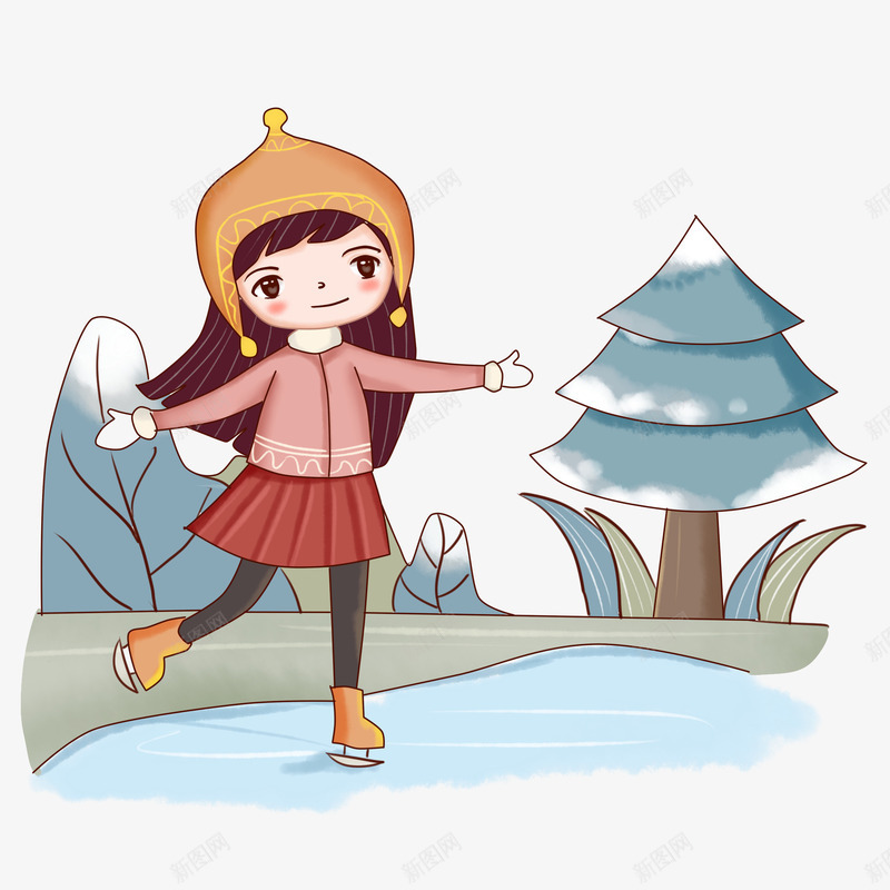 卡通冬季滑雪小女孩png免抠素材_新图网 https://ixintu.com 冬天 冬季 卡通 树木 溜冰鞋 滑冰 滑雪小女孩