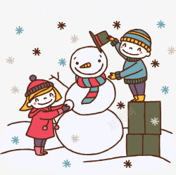 冬天男孩堆雪人的两个卡通小孩高清图片