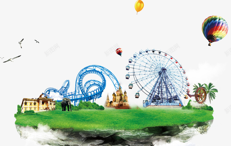 游乐园png免抠素材_新图网 https://ixintu.com 摩天轮 气球 游乐园 游乐场 热气球 玩乐 过山车
