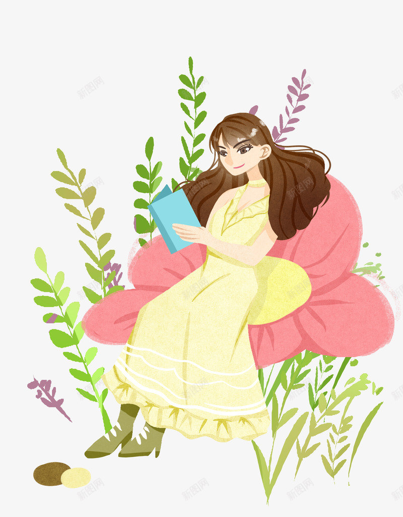 粉色女孩插画叶子png免抠素材_新图网 https://ixintu.com 卡通插画 手绘春分插画 漂亮的女孩 粉色的鲜花 绿色的叶子 躺着的女孩