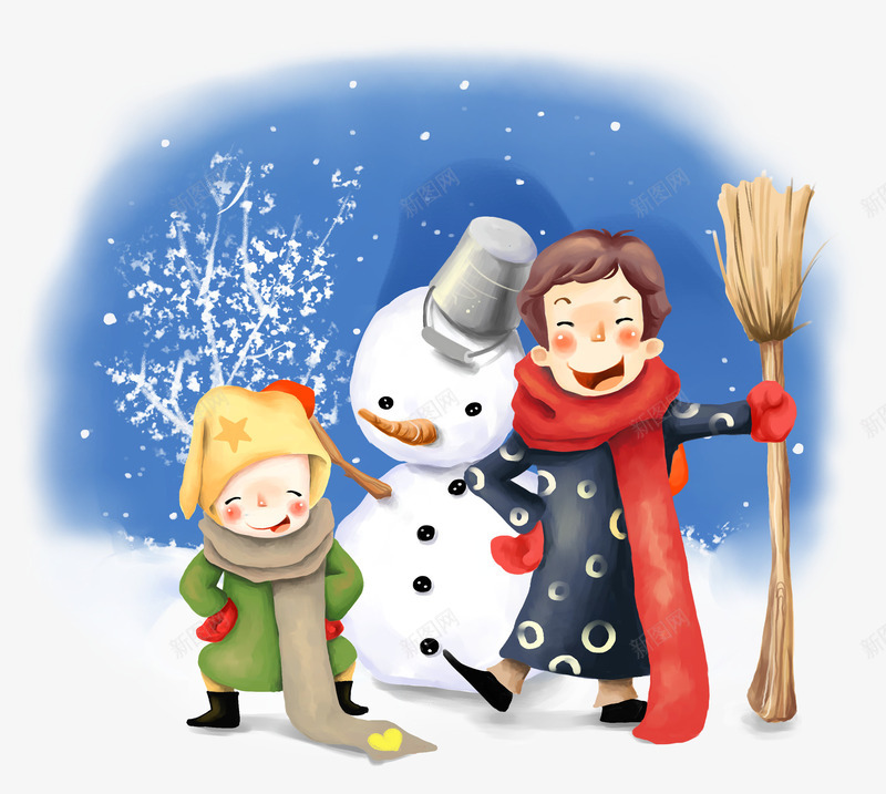 冬天堆雪人的孩子们png免抠素材_新图网 https://ixintu.com 冬季 卡通 圣诞节 手绘 雪人
