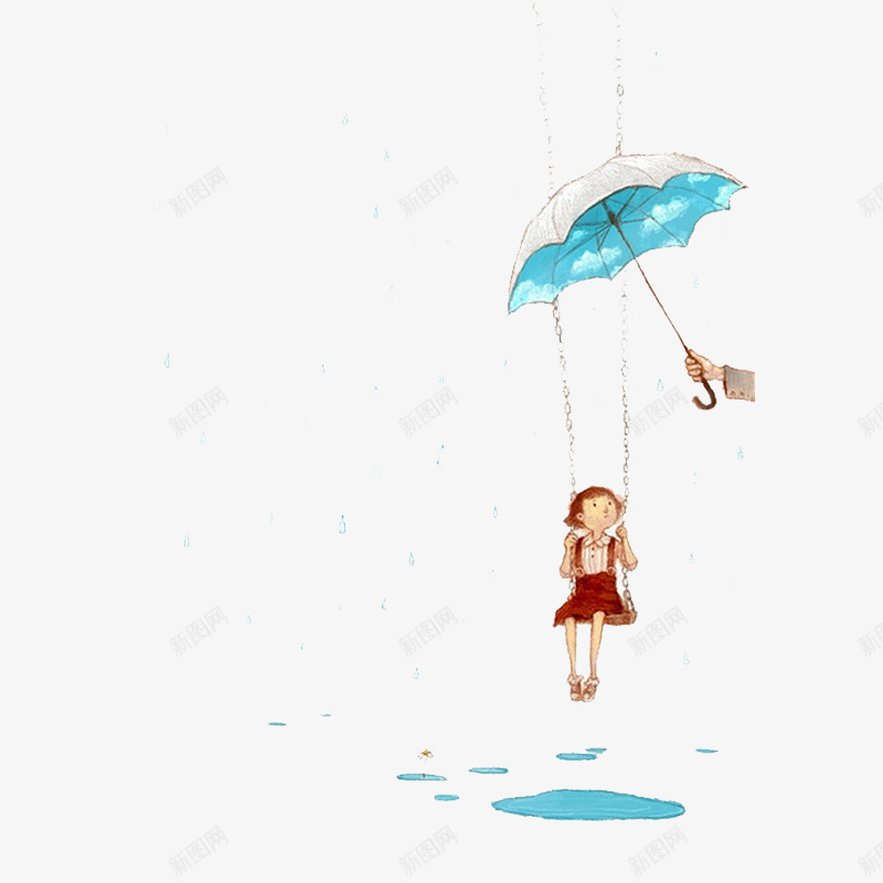 插画png免抠素材_新图网 https://ixintu.com 为秋千上的小孩子遮雨 卡通人物 插画 雨伞