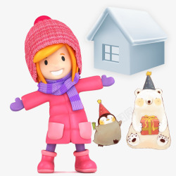 冬天白熊3D卡通冬天里的小女孩高清图片