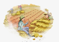收水稻农民插画水彩田野丰收中国农民丰收节插画高清图片