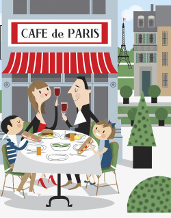 可爱插图一家人露天咖啡厅聚餐素材