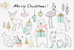 圣诞新年餐厅海报手绘圣诞动物礼物背景矢量图高清图片