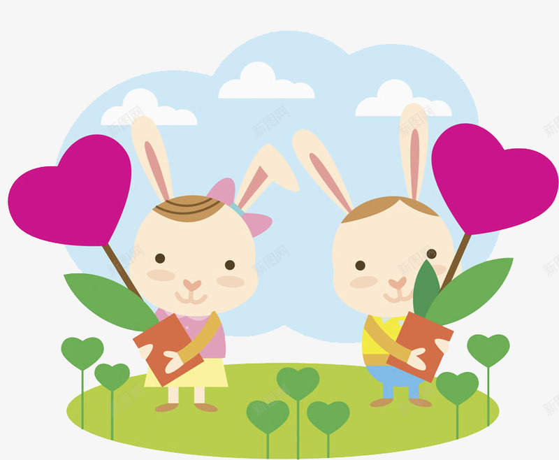 抱着红花的兔子卡通图png免抠素材_新图网 https://ixintu.com 剪影 动物 可爱的 小兔子 爱心花 盆景 红色的 草地