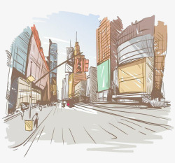 手绘城市现代化商业街图案素材