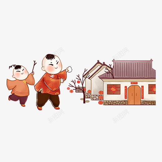 两个小孩新年在屋外玩耍psd免抠素材_新图网 https://ixintu.com 中国风 小孩 扁平化 手绘 放鞭炮 新年 春节 玩耍