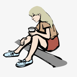 坐在地上喝咖啡的女孩素材