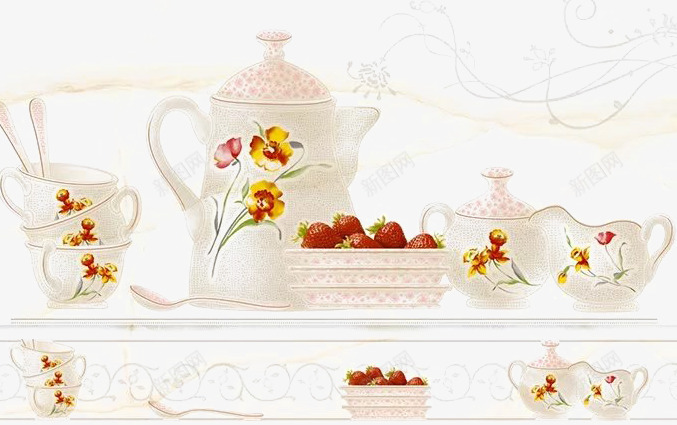 精美的茶具和草莓png免抠素材_新图网 https://ixintu.com 小花 精致 茶壶 茶杯