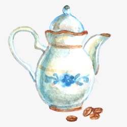 卡通手绘水壶与咖啡豆素材