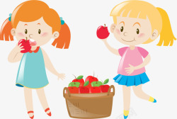 手舞足蹈的女孩一起吃苹果的小女孩高清图片