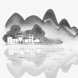 中国风手绘水墨风景山水徽派建筑10素材