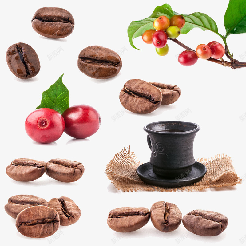 咖啡豆片png免抠素材_新图网 https://ixintu.com 咖啡 杯子 红色果子 绿叶