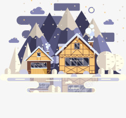 冬季屋子黄色卡通夜晚雪屋装饰矢量图高清图片
