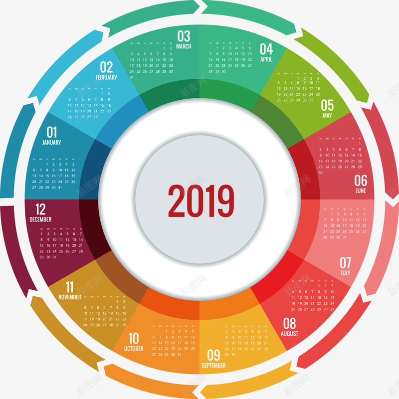 彩色2019年历矢量图eps免抠素材_新图网 https://ixintu.com 年历 年历PNG 彩色 彩色年历 矢量年历 矢量图