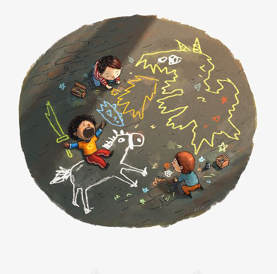 小孩在地上涂鸦png免抠素材_新图网 https://ixintu.com 卡通小孩 打怪兽 涂鸦 粉笔